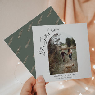 Modern Boho Arch Green Holly Jolly Christmas Photo Holiday Card