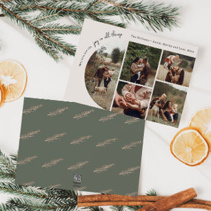 Modern Boho Arch Green Joy In All Things 5 Photo Holiday Card