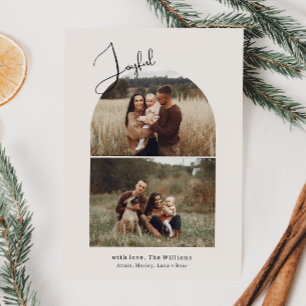 Modern Boho Arch Green Joyful Two Photo Holiday Card