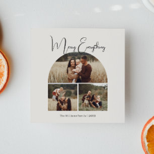 Modern Boho Arch Green Merry Everything 3 Photo Holiday Card