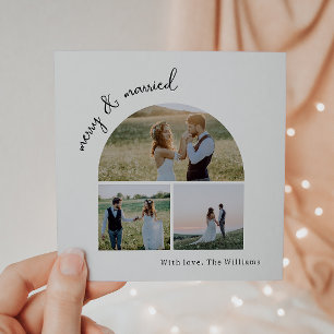 Modern Boho Arch Green Merry & Married Three Photo Holiday Card
