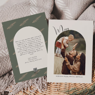 Modern Boho Arch Green Merry One Photo Holiday Card