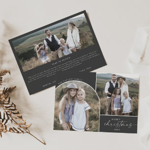 Modern Boho Arch Grey 3 Family Photos Christmas Holiday Card