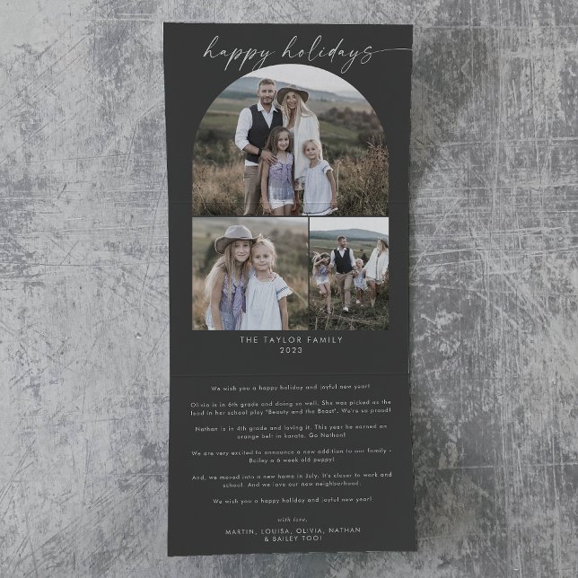 Modern Boho Arch Grey Happy Holidays Photo Collage Tri-Fold Holiday Card (Creator Uploaded)