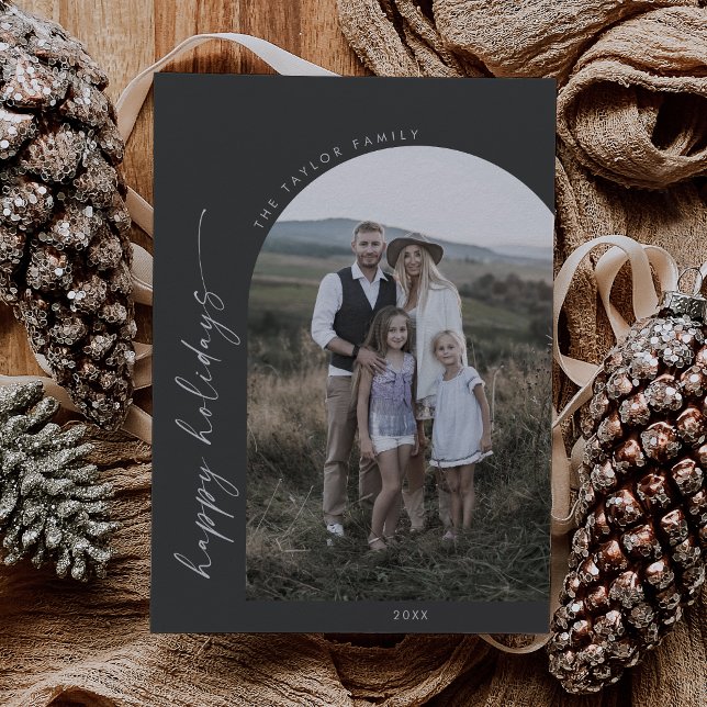 Modern Boho Arch | Grey Happy Holidays Photo Holiday Card (Creator Uploaded)