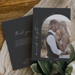 Modern Boho Arch Grey Married and Bright Thank You Holiday Card