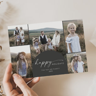 Modern Boho Arch   Grey Multi Photo Family Holiday Card