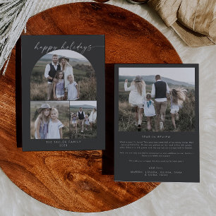 Modern Boho Arch   Grey Photo Collage Family Holiday Card