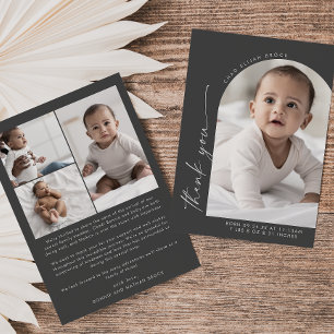 Modern Boho Arch   Grey Thank You Photo Birth Announcement