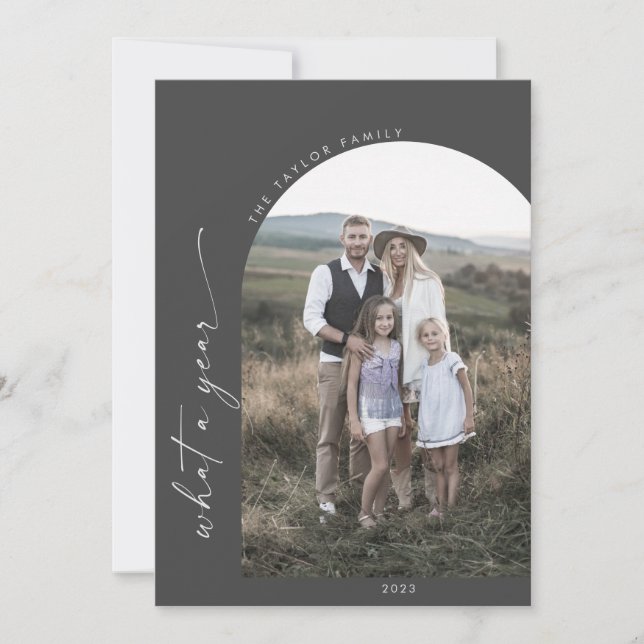 Modern Boho Arch | Grey What A Year Photo Holiday Card (Front)