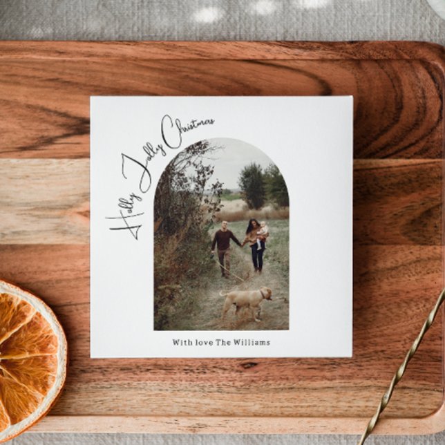 Modern Boho Arch Holly Jolly Christmas One Photo Holiday Card (Creator Uploaded)