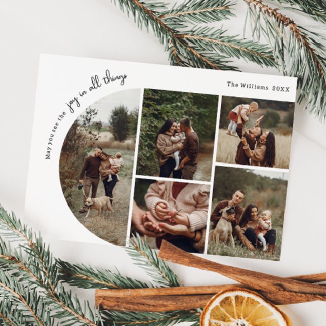 Modern Boho Arch Joy In All Things Five Photo Holiday Card (Creator Uploaded)
