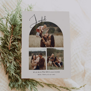 Modern Boho Arch Joyful Green 3 Photo Christmas  Holiday Card