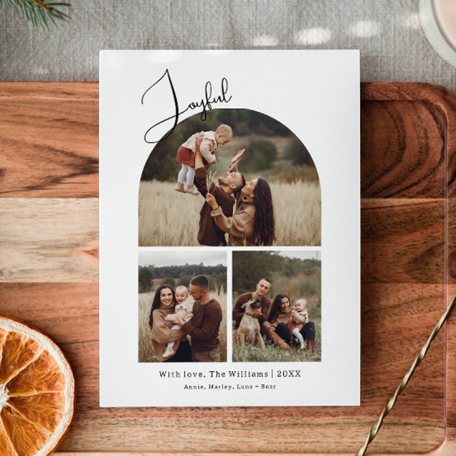 Modern Boho Arch Joyful Three Photo Christmas Holiday Card (Creator Uploaded)