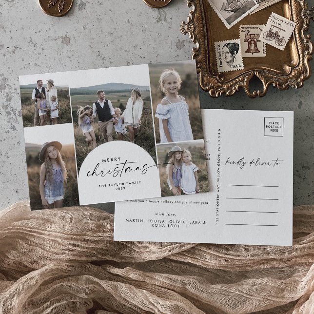 Modern Boho Arch Multi Photo Family News Christmas Holiday Postcard (Creator Uploaded)