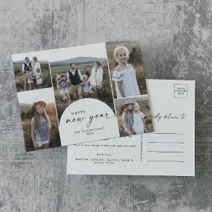 Modern Boho Arch Multi Photo Family News New Year Holiday Postcard