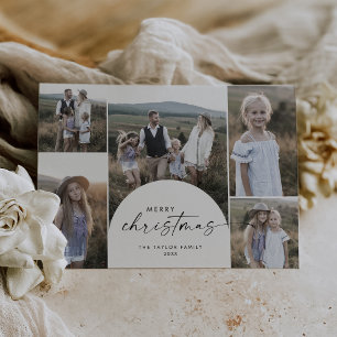 Modern Boho Arch Multi Photo Merry Christmas Holiday Card
