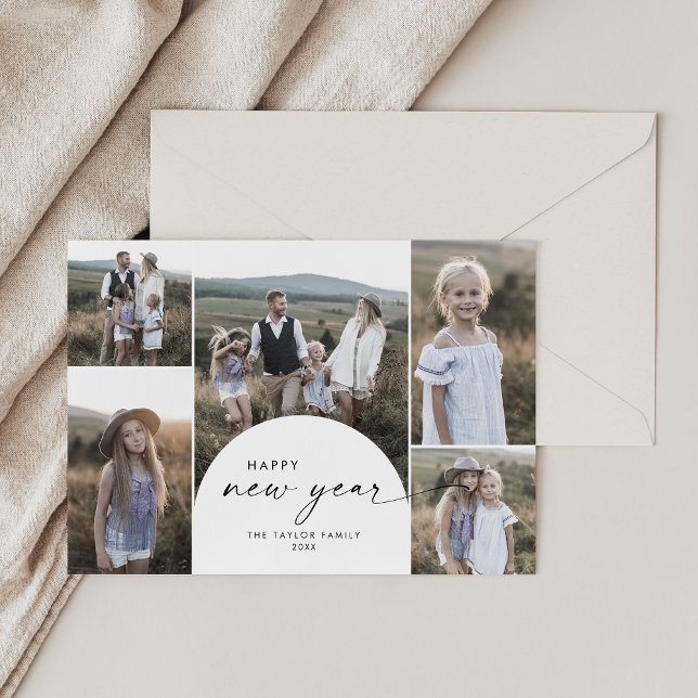 Modern Boho Arch Multi Photo New Years Holiday Card (Creator Uploaded)