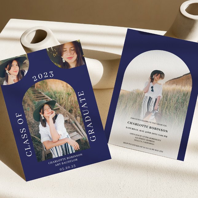 Modern boho arch navy blue 4 photo graduation invitation (Creator Uploaded)