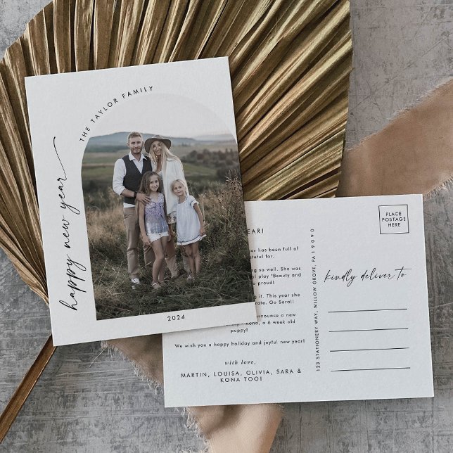 Modern Boho Arch New Year Photo Year in Review Hol Holiday Postcard (Creator Uploaded)