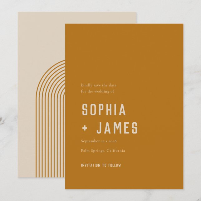 Modern Boho Arch Ochre Orange Typograph Save The Date (Front/Back)
