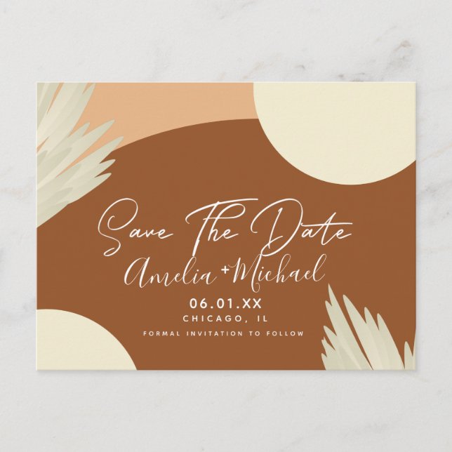 Modern Boho Arch Organic Shapes Tan Save the Date Postcard (Front)