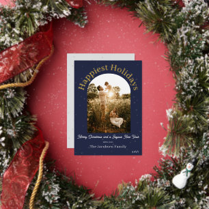 Modern Boho Arch Photo   Blue Foil Holiday Card