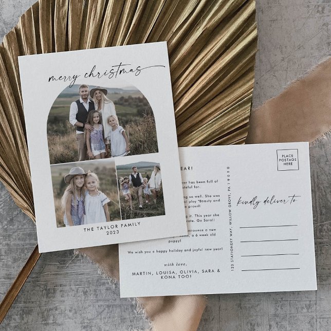 Modern Boho Arch Photo Collage Family Christmas Holiday Postcard (Creator Uploaded)