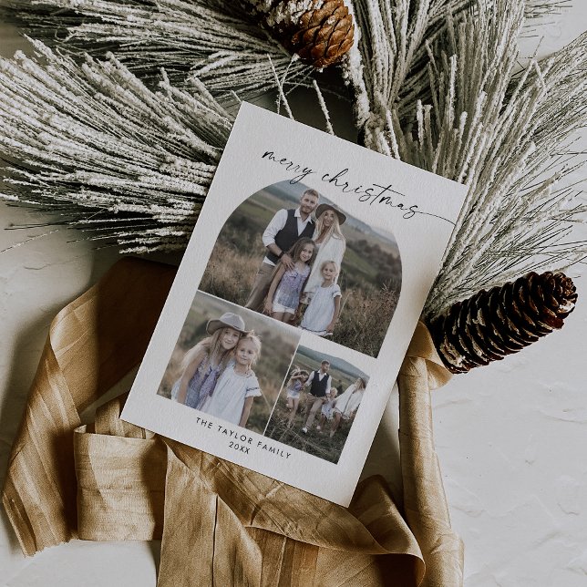 Modern Boho Arch Photo Collage Merry Christmas Holiday Card (Creator Uploaded)