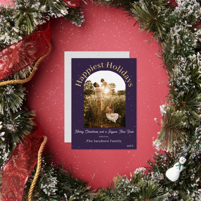 Modern Boho Arch Photo | Purple Foil Holiday Card (Insitu)