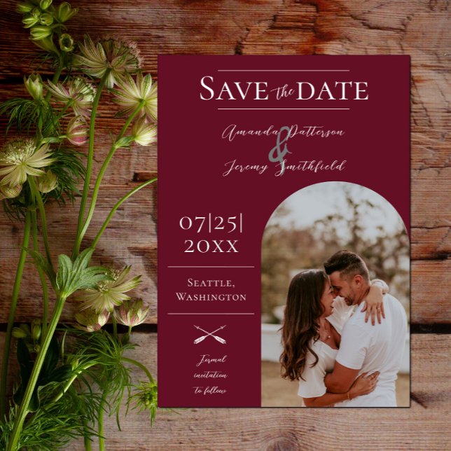 Modern Boho Arch Photo | Red Save the Date (Modern Arch Photo Save the Date - Wine Red)