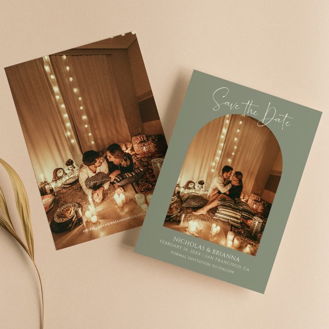 Modern Boho Arch Photo Sage Green Simple Wedding Save The Date (Creator Uploaded)