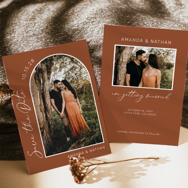 Modern Boho Arch Photo Terracotta Wedding Save The Date (terracotta fall wedding save the date)