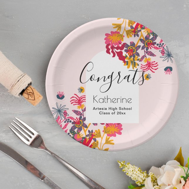 Modern Boho Arch Pink Floral Graduation Party Paper Plate (Creator Uploaded)