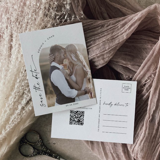 Modern Boho Arch QR Code Photo Save the Date Invitation Postcard (Creator Uploaded)