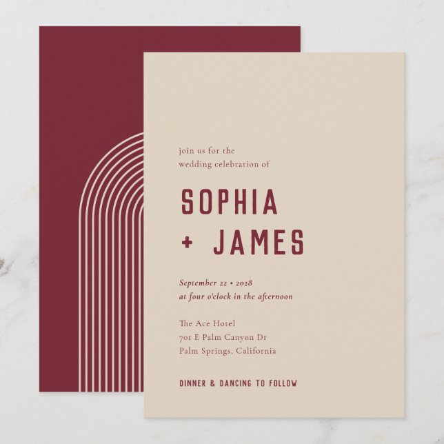 Modern Boho Arch Red Cream Typography Wedding Invitation (Front/Back)