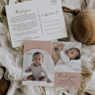 Modern Boho Arch Salmon 2 Photo Thank You Birth Announcement Postcard