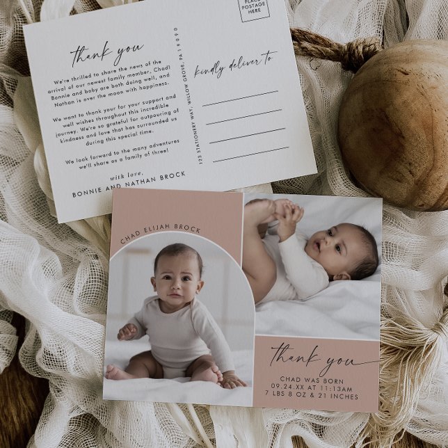 Modern Boho Arch | Salmon 2 Photo Thank You Birth Announcement Postcard (Creator Uploaded)