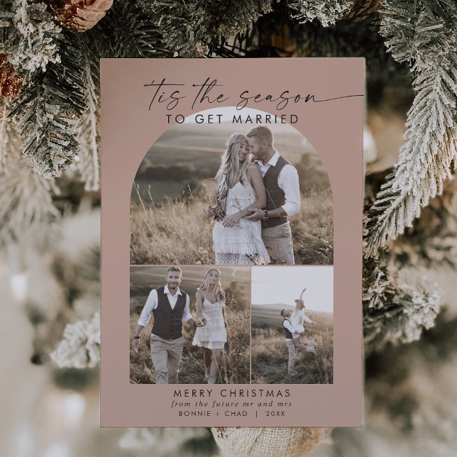 Modern Boho Arch Salmon Photo Collage Engagement  Holiday Card (Creator Uploaded)