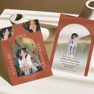Modern boho arch terracotta 4 photo graduation invitation