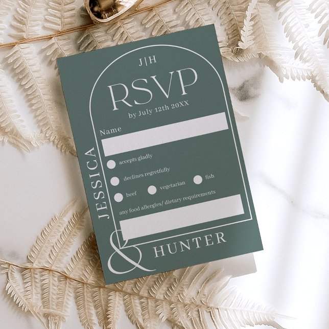 Modern boho arch  wedding sage green RSVP card (Creator Uploaded)
