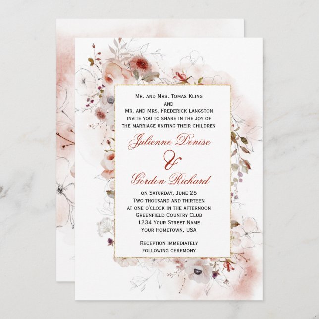 Modern Boho Autumn Floral Frame Wedding Invitation (Front/Back)