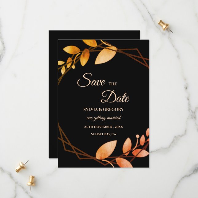 Modern Boho Autumn romance dark themed Save The Date (Front/Back In Situ)