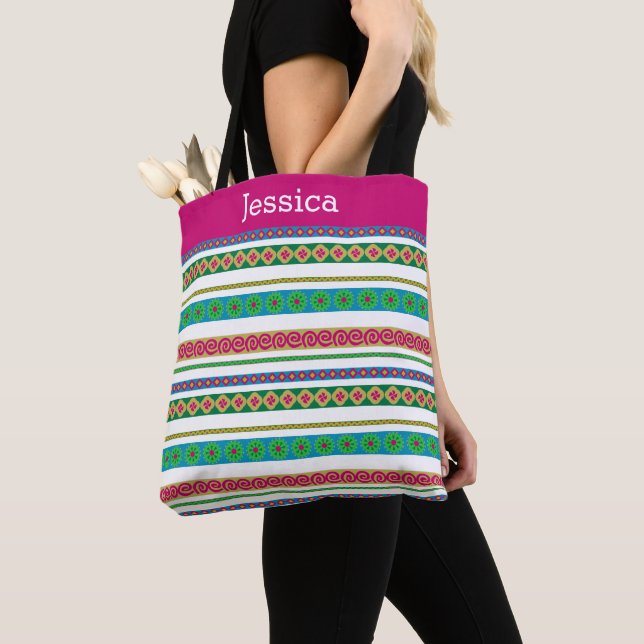 Modern Boho Aztec Tribal Stripe Pink Monogram Name Tote Bag (Close Up)