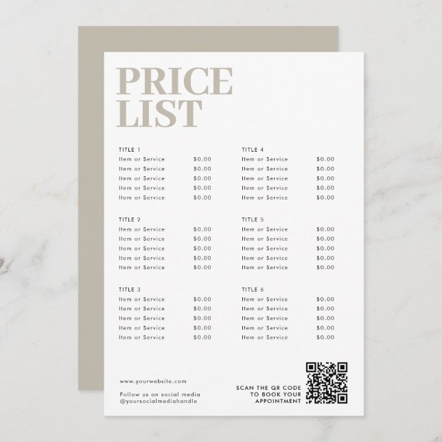 Modern Boho Beauty Price List Menu Small Business (Front/Back)