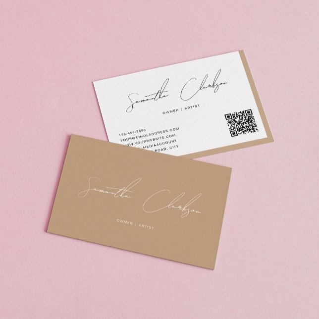 Modern Boho Beige Handwritten Script QR code Business Card (Creator Uploaded)