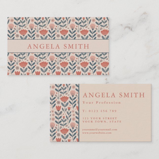 Modern Boho Biege Teale Floral Business Card (Front/Back)