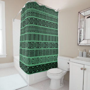 Modern Boho Black and Green Pattern Strips Shower Curtain