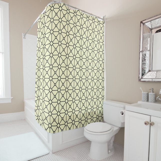 Modern Boho Black and Yellow Pattern Rhombus Shower Curtain (In Situ)