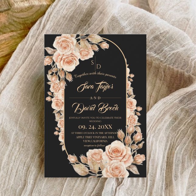 Modern Boho Black ⎮ Roses Gold Floral Wedding Invitation (Creator Uploaded)